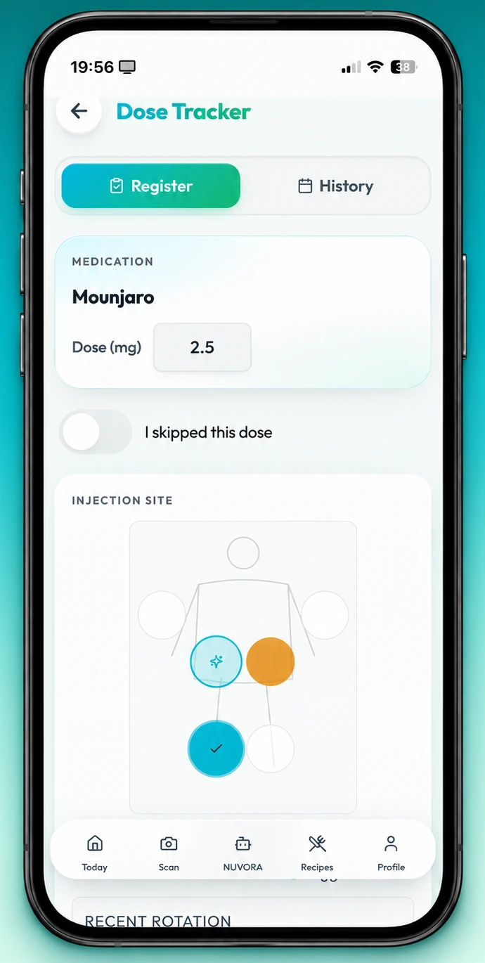 Authentic Nuvora iPhone dose log screen with register and history tabs and a recorded injection-site view.