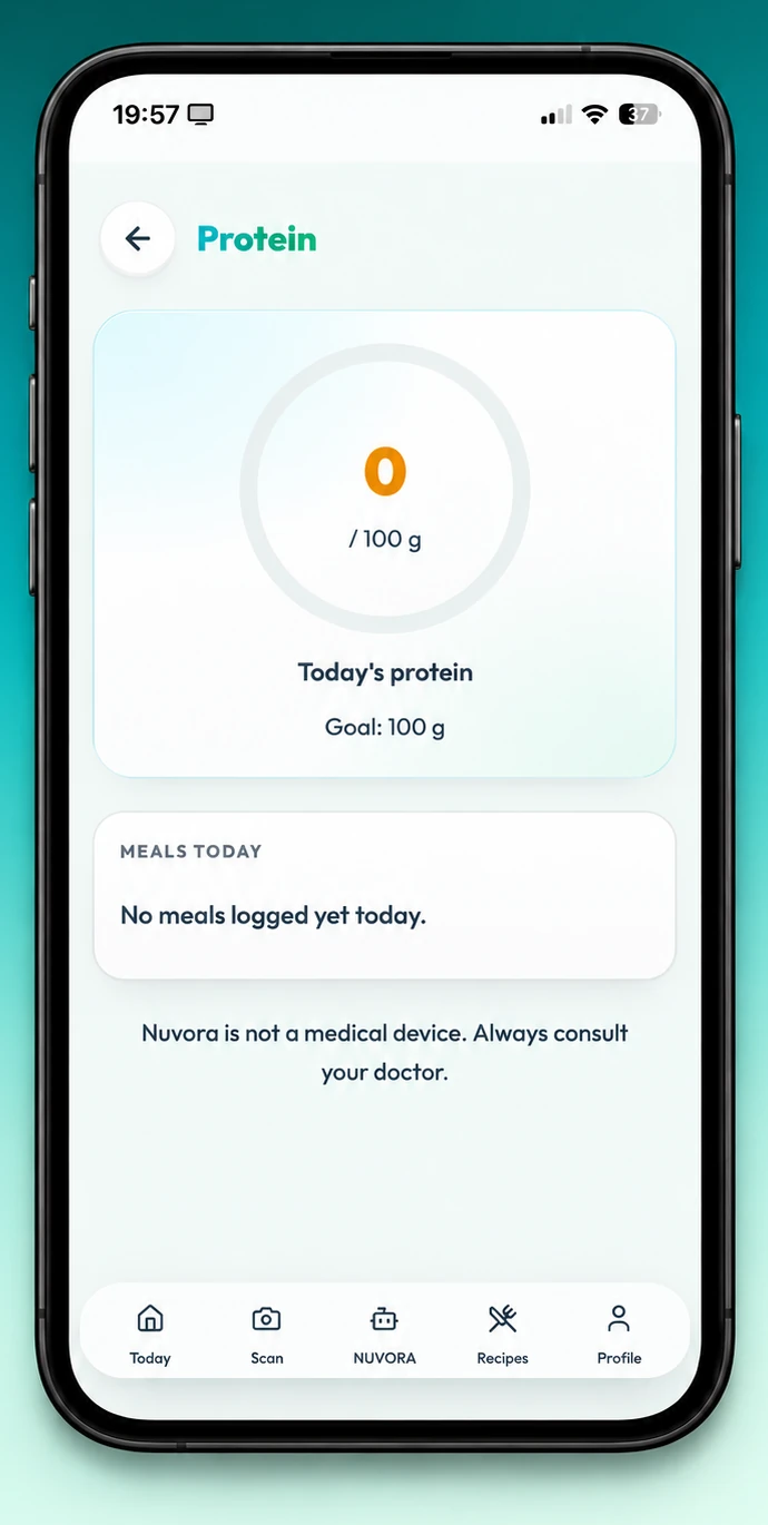 Authentic Nuvora iPhone protein screen showing a daily protein overview and logged-meals section.
