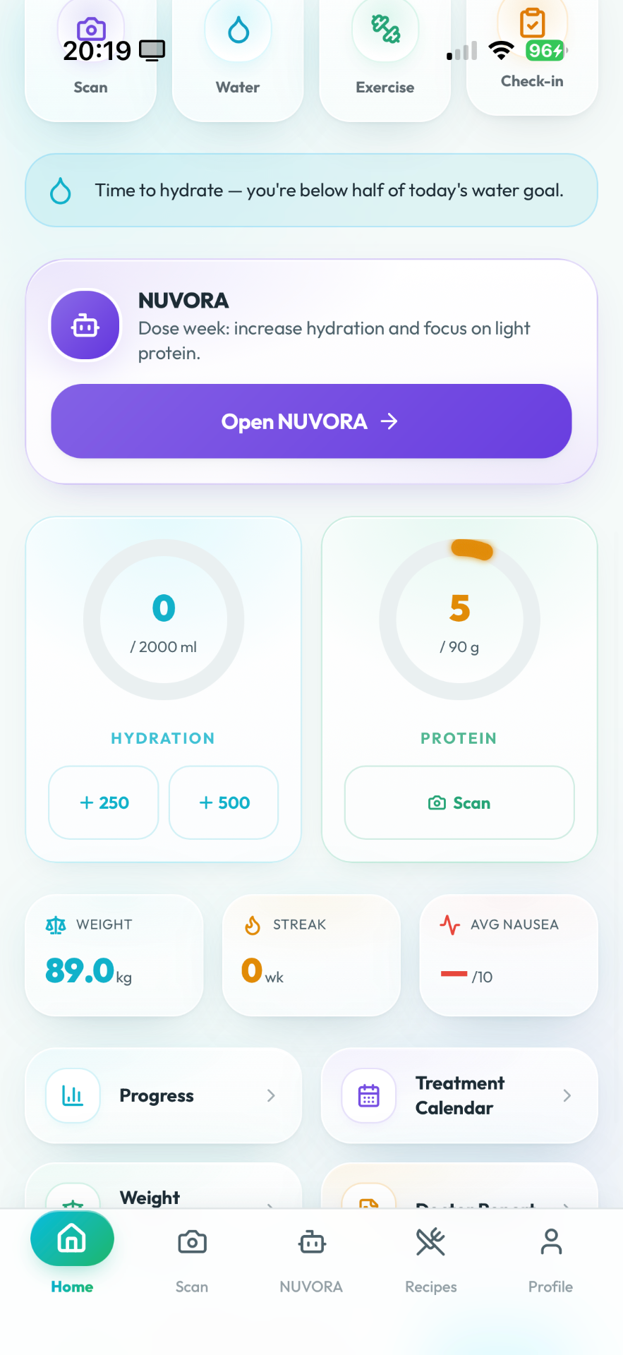 Nuvora Home screen showing daily routine, hydration and progress on iPhone