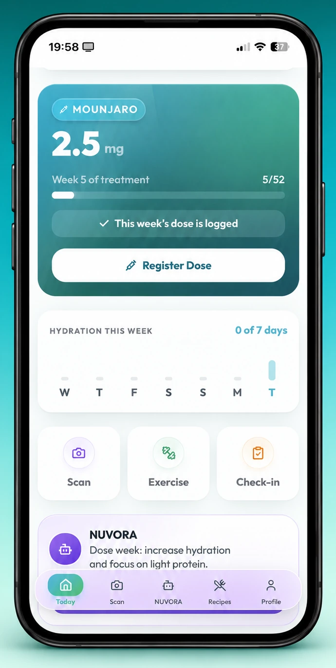 Authentic Nuvora iPhone home screen showing a routine overview, hydration history and check-in shortcuts.